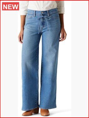 Mid-Rise Wide Leg Jeans with Removable Belt Stretch Denim